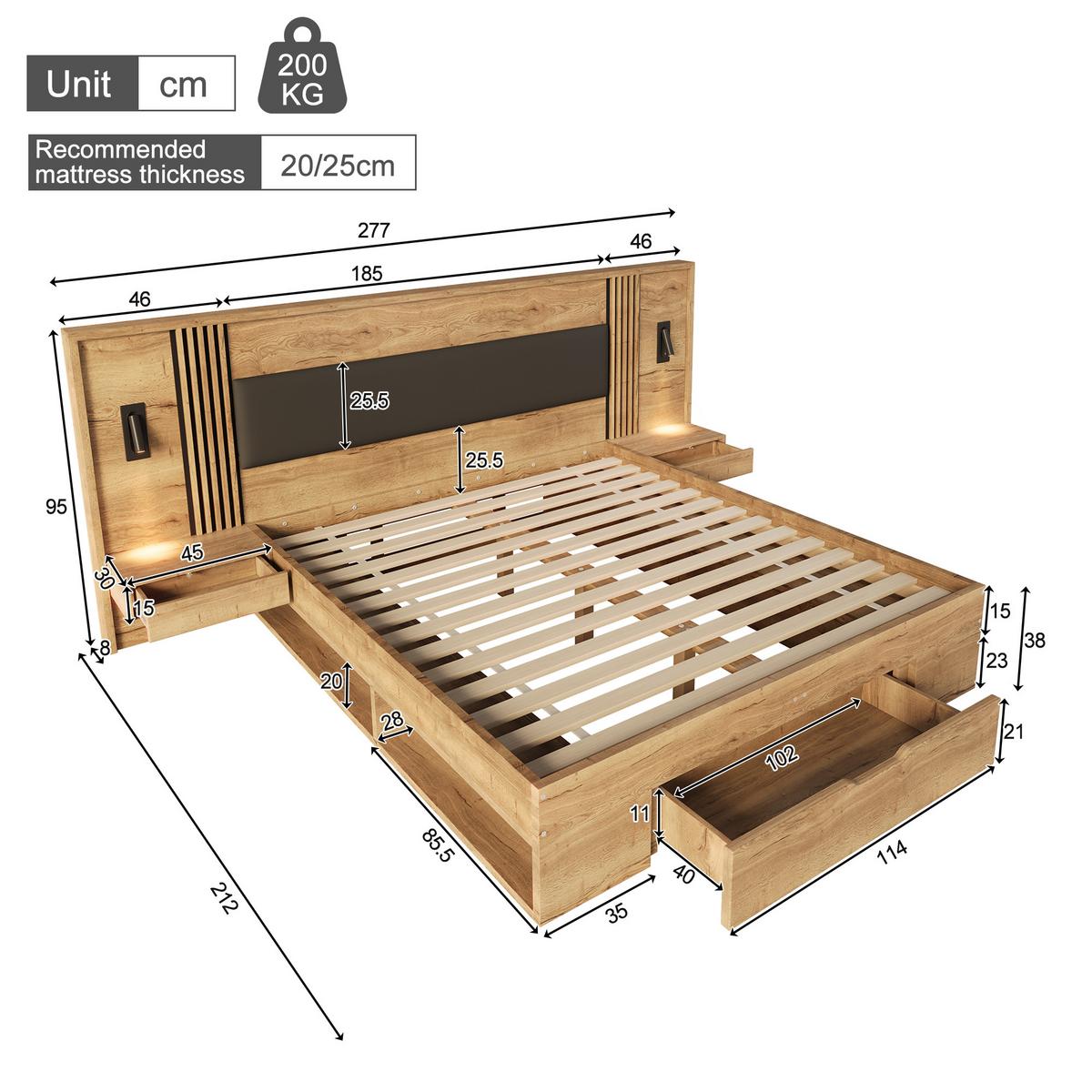 BETT in naturfarbe mit pu-kopfteil, mit stauraum und leselampen - Naturfarben, Holzwerkstoff (180/200cm) - Urban Meuble