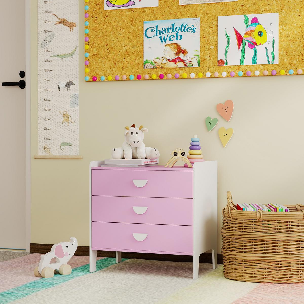 SPIELZEUGSCHRANK für Kinder, Kommode mit 3 Schubladen, Rosa+Weiß - Weiß/Rosa, Holzwerkstoff (40/60/60cm) - AIYAPLAY