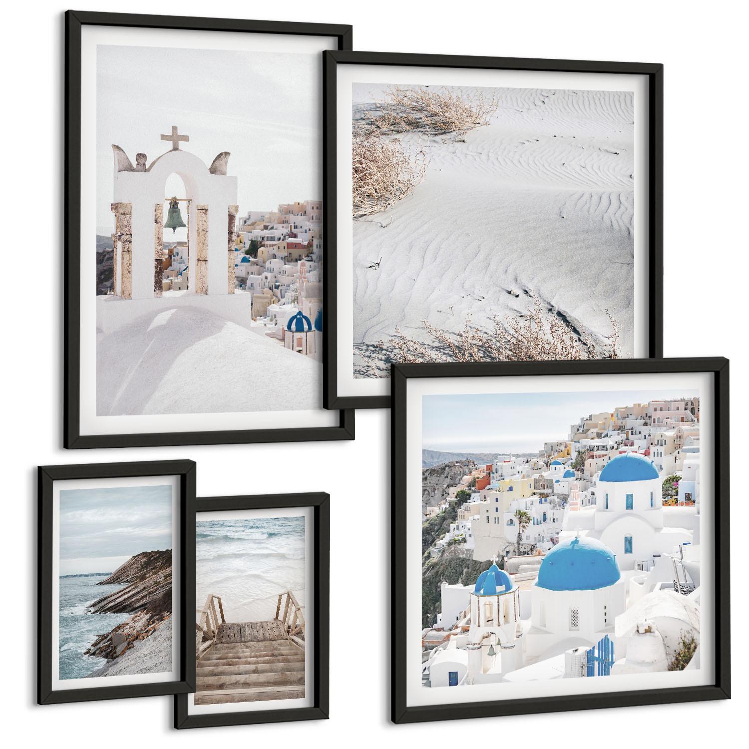 BILDER SET 5er Set - 50x50 cm & 20x30 cm & 40x60 cm Schwarzer Rahmen - Meeresarchitektur Santorin - Schwarz, Kunststoff (40/60cm) - TULUP