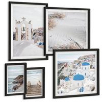 BILDER SET 5er Set - 50x50 cm & 20x30 cm & 40x60 cm Schwarzer Rahmen - Meeresarchitektur Santorin - Schwarz, Kunststoff (40/60cm) - TULUP