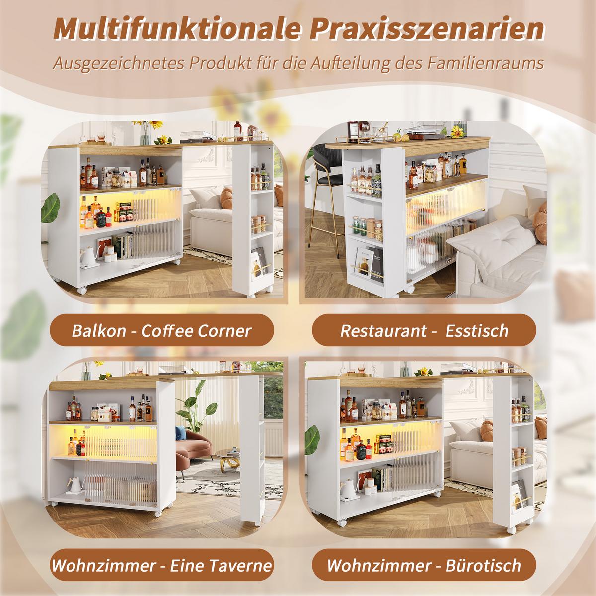 BARTISCH ausziehbar mit led & rollen - Weiß, Holzwerkstoff (39/138/105cm) - Urban Meuble