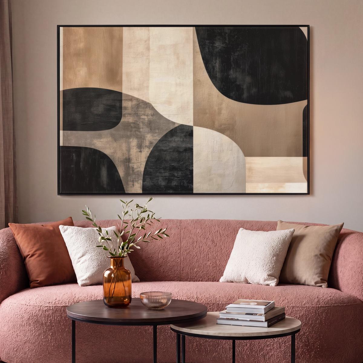 LEINWAND Bilder mit Rahmen - Abstrakt - Flugzeuge - Schwarz - Rund - 140x90 - Beige, Textil (140/90cm) - MuchoWow