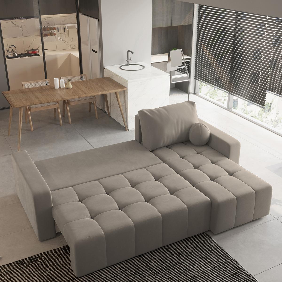 ECKSOFA VOLIRA Beige Plüsch-Stoff mit Schlaffunktion - Beige, Holz (230/143cm) - MASSENO