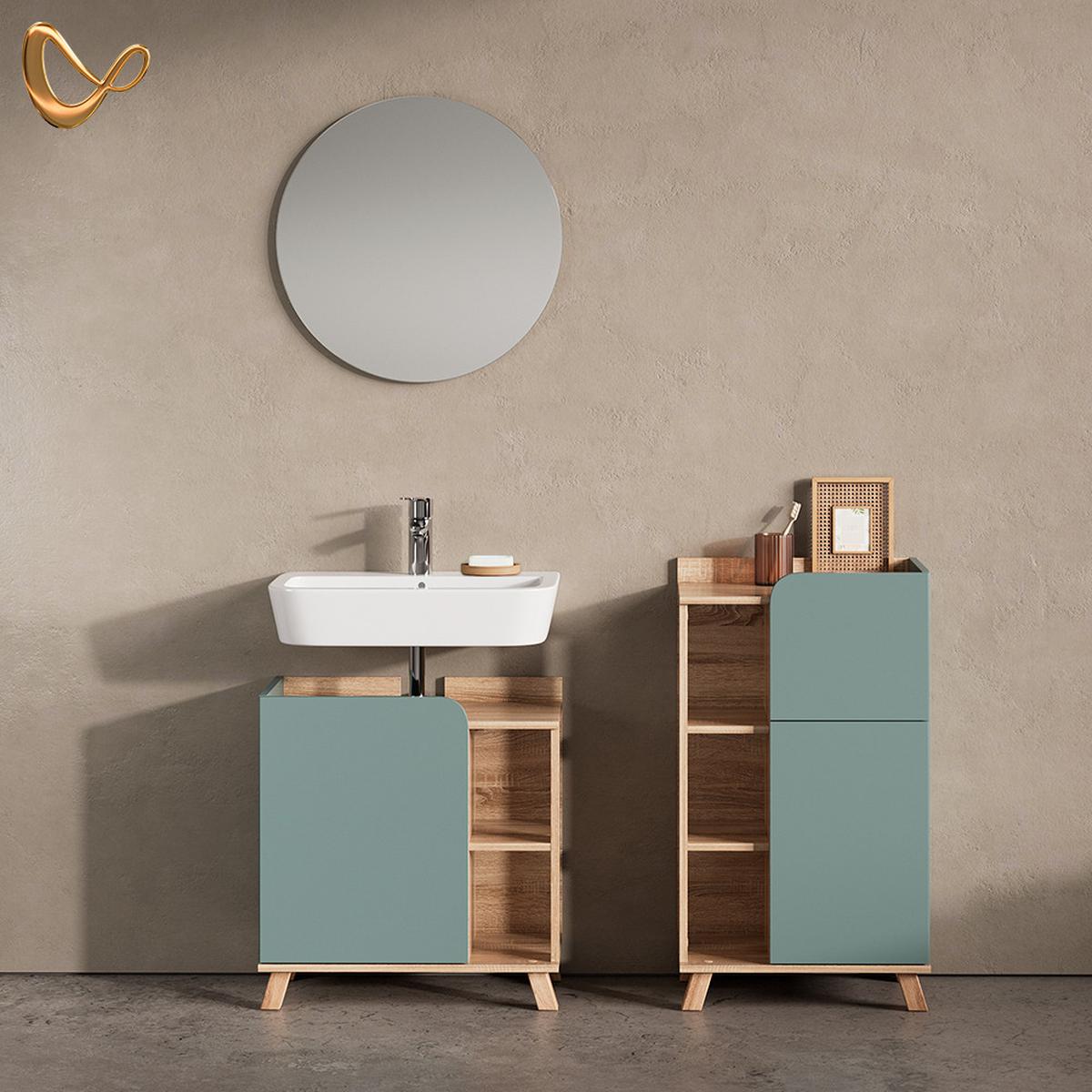 BADMÖBEL-SET Marano Blau-Grau 3 Teile, mit Midischrank - Blaugrau, Holzwerkstoff (35/65/60cm) - Livinity®