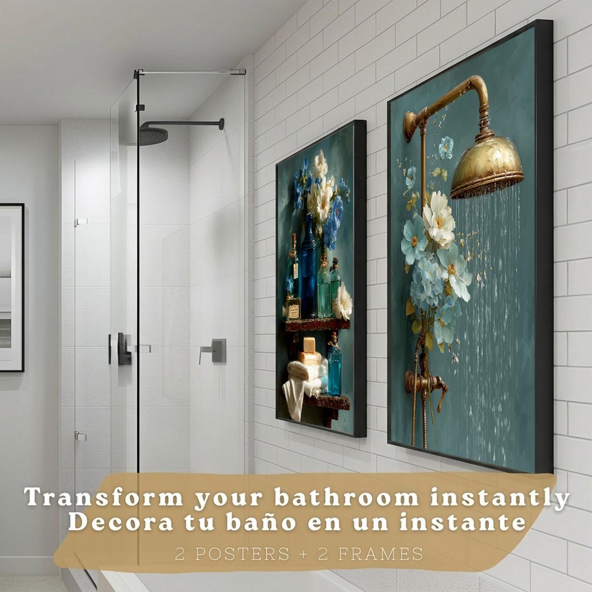 POSTER 2er-Set dekorative Badezimmer-Wandbilder, ästhetische Dusche und WC, Badezimmerdekoration mit Blumen Flaschen und Dusche Schwarzer Rahmen A3 - Schwarz, Papier (42/29.7/3cm) - Nacnic
