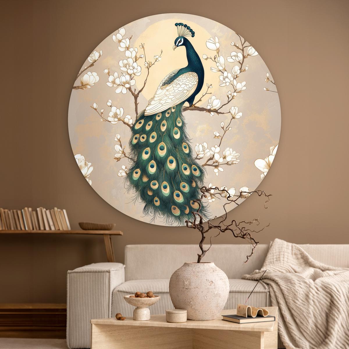 WANDBILD Pfau - Zweig - Blumen Wandbild 120x120 cm - Champagner, Kunststoff (120/120cm) - MuchoWow