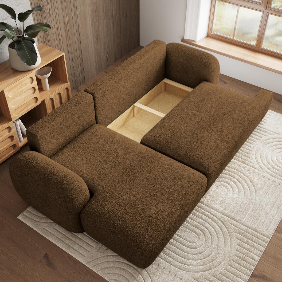 ECKSOFA MODENZA N L-S Braun Boucle-Stoff mit Schlaffunktion - Schwarz/Braun, Holz/Kunststoff (266/148cm) - MASSENO