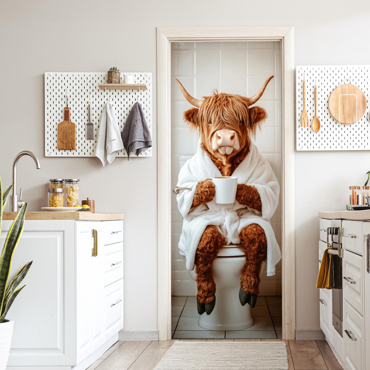 TÜRAUFKLEBER Schottischer Highlander - WC - Bademantel - Modern - Tiere 85x215 cm - Türtapete - Kastanienfarben, Kunststoff (85/0.1cm) - MuchoWow