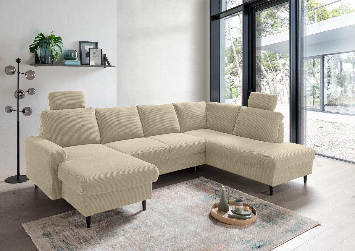 WOHNLANDSCHAFT mit Schlaffunktion Bettkasten Wellenunterfederung, 2 Kopfstützen, U-Form B305/T200/H88 cm, Cord Beige Grau / 17205 - Greige/Schwarz, Holz/Textil (305/88/200cm) - luma-home