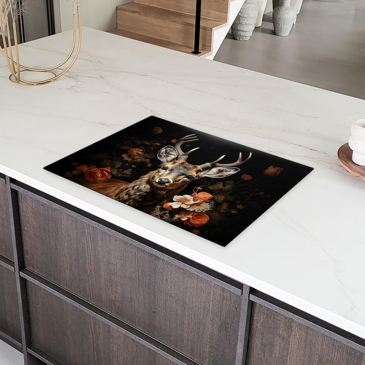 HERDABDECKPLATTE Hirsch - Tier - Blumen - Natur - Botanisch Herdabdeckung Induktionsfeld 75x52 cm - Kupferfarben, Kunststoff (75/52/0.2cm) - MuchoWow