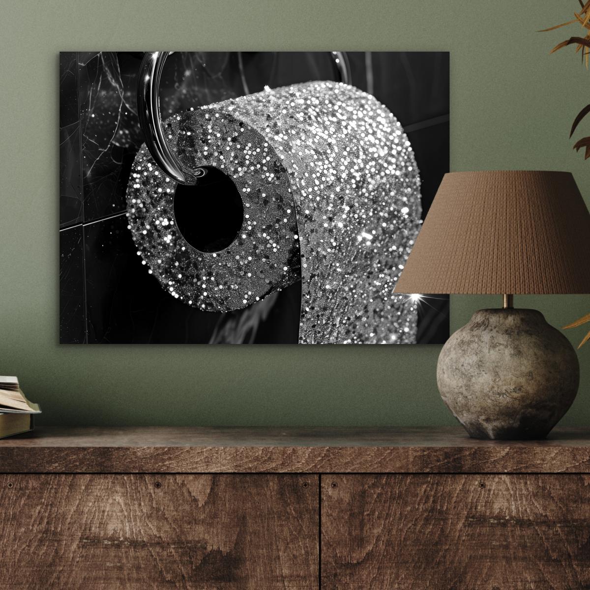 METALLBILD WC - Toilettenpapier - Schwarz und weiß - Glitter 40x30 cm - Silberfarben, Metall (40/30cm) - MuchoWow