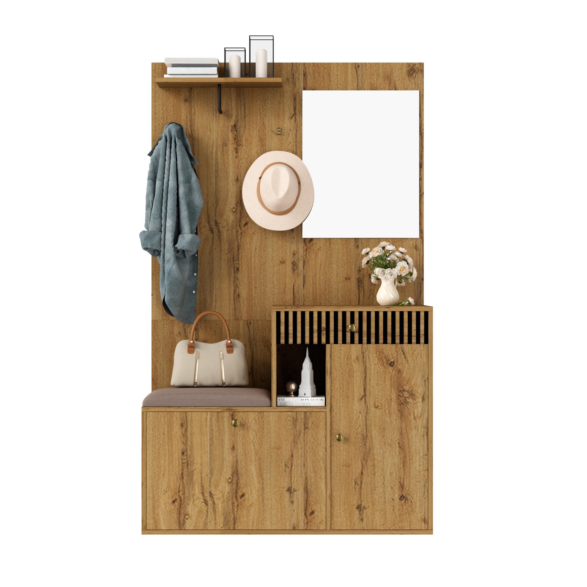 GARDEROBE FÜR FLUR - kombischrank mit Spiegel, Sitzbank und Stauraum - Sonoma Eiche, Glas/Holzwerkstoff (110/186/37cm) - Urban Meuble