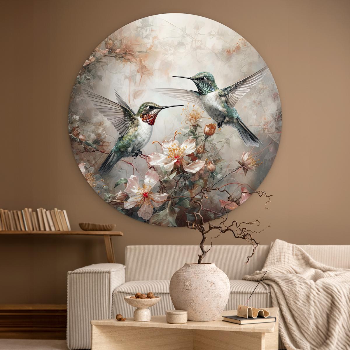 WANDBILD Kolibri - Vögel - Blumen - Pflanzen Deko Groß 150x150 cm - Hellgrün, Kunststoff (150/150cm) - MuchoWow