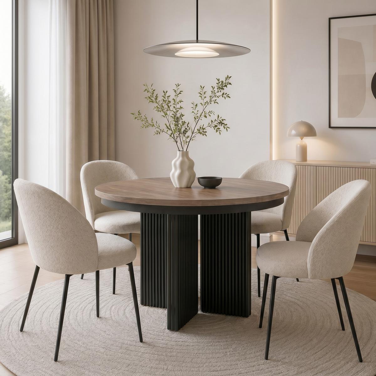 ESSTISCH Prestige runder Design-Tisch, ausziehbar Ø 100–180 cm, Walnuss+Schwarz - Walnussfarben/Schwarz, Metall (100/100/77cm) - Beautysofa