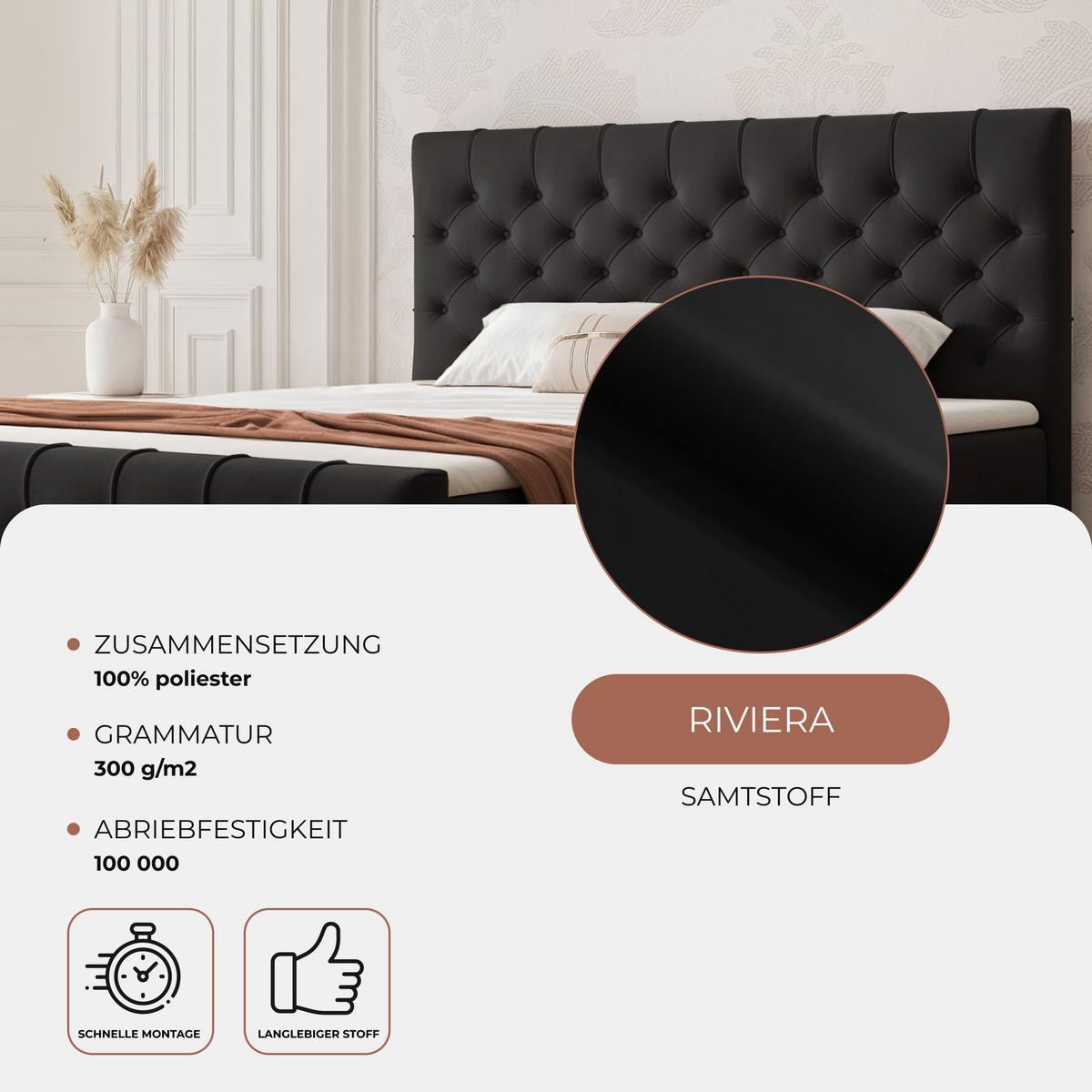 BOXBETT JOLIE 180x200 cm mit Matratze, Schwarz - Schwarz, Textil (180/200cm) - Idohome