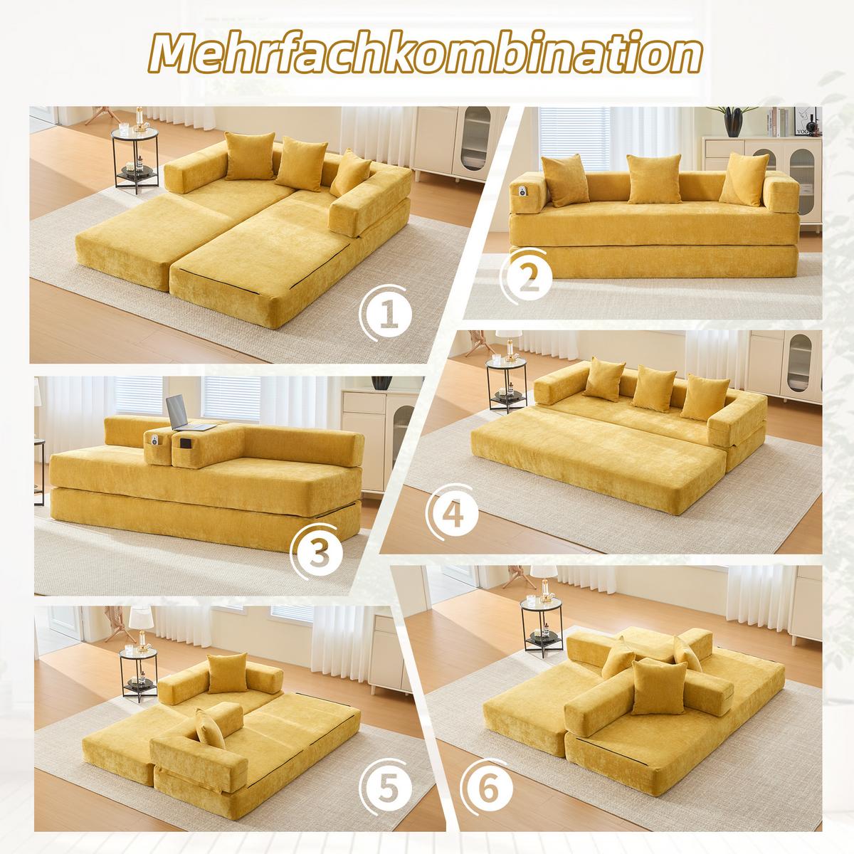 SCHLAFSOFA Modulares Chenille Block-Sofa DIY Kombinierbar mit Seitentaschen & Rutschfest - Dunkelgelb, Textil (198/60/79cm) - Urban Meuble
