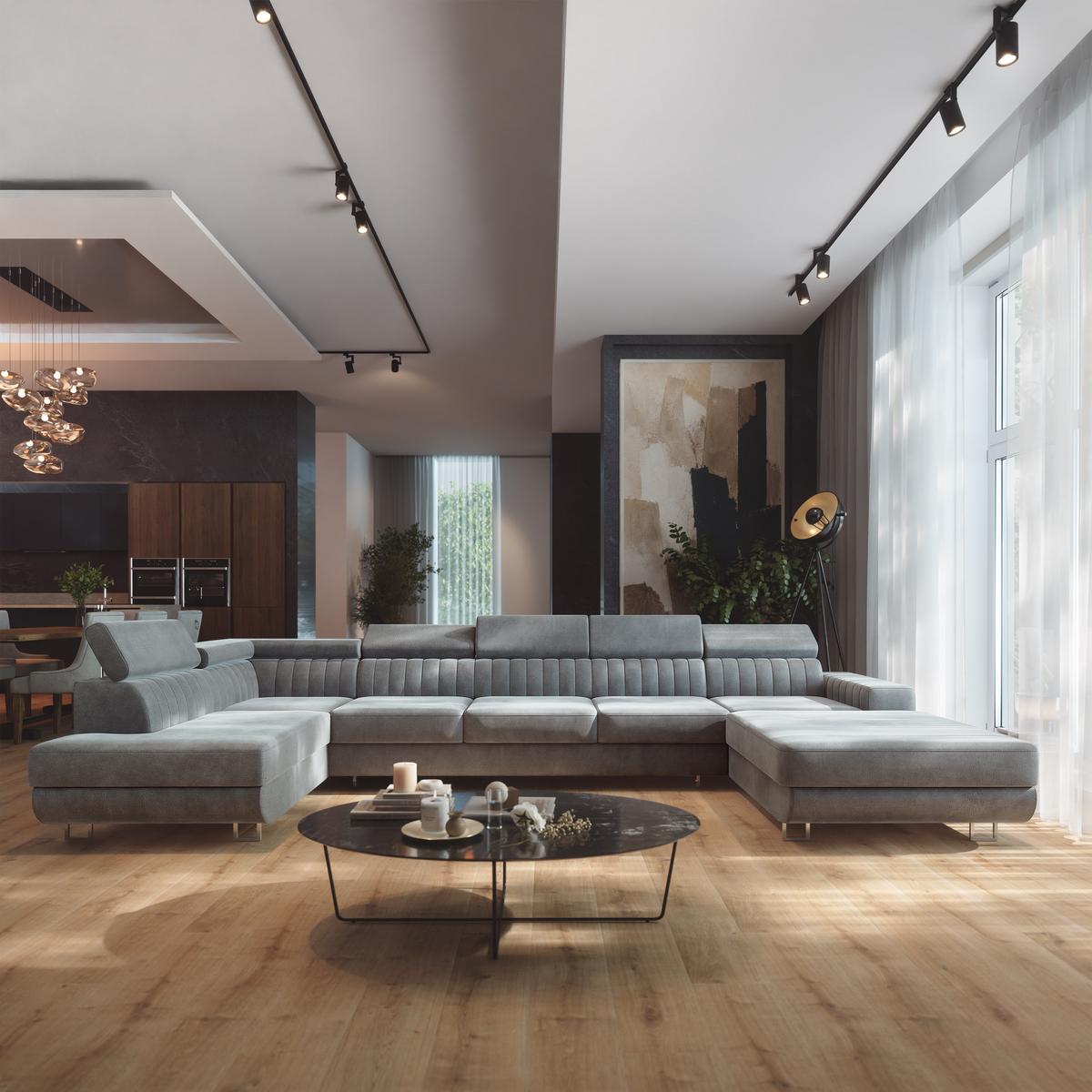 WOHNLANDSCHAFT GAIAN Hellgrau Velours-Stoff mit Schlaffunktion - Hellgrau, Holz (412/88/190cm) - MASSENO