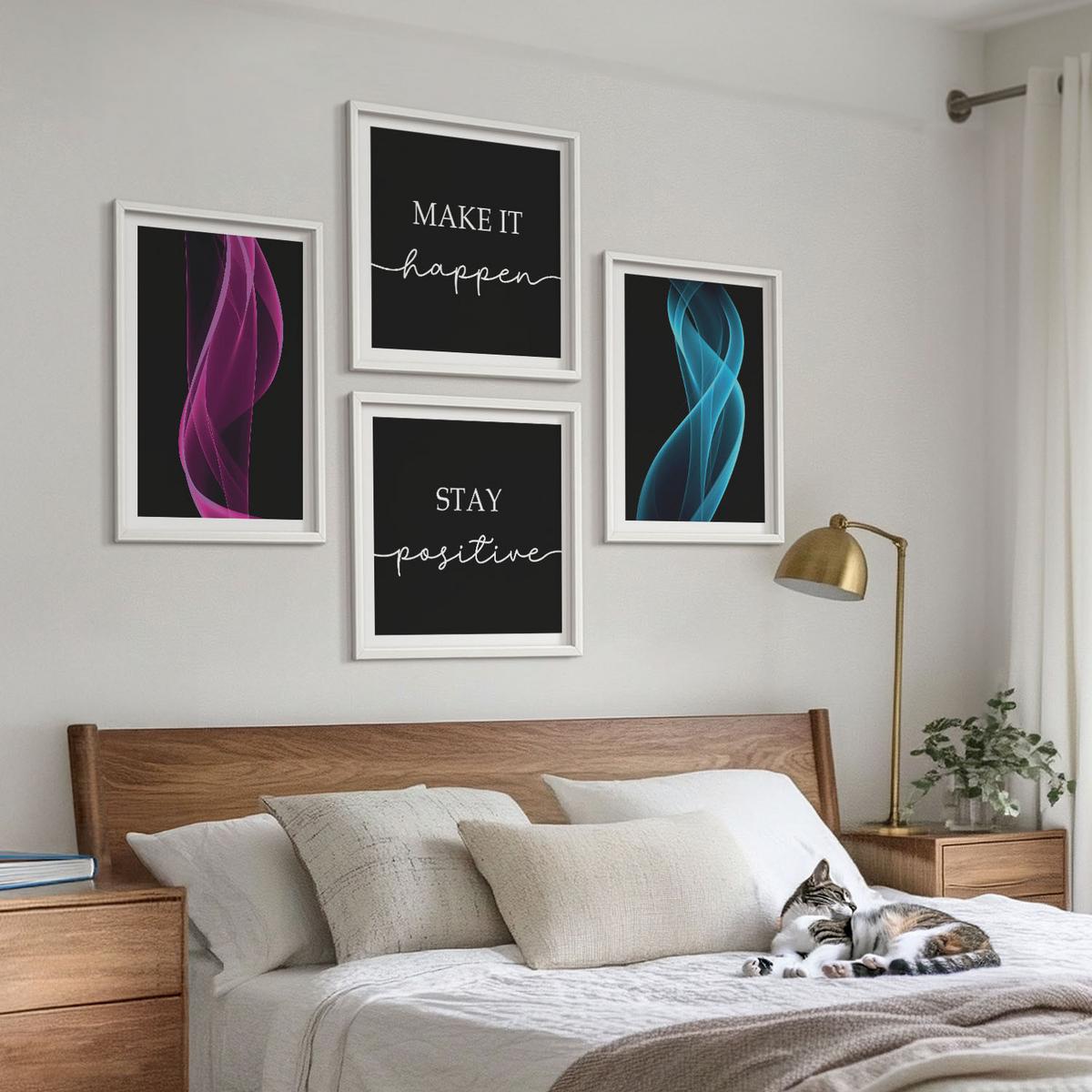 BILDER SET 4er Set - 50x50 cm & 40x60 cm Weißer Rahmen - Neonlinienwellen im Hintergrund - Weiß, Kunststoff (50/50cm) - TULUP