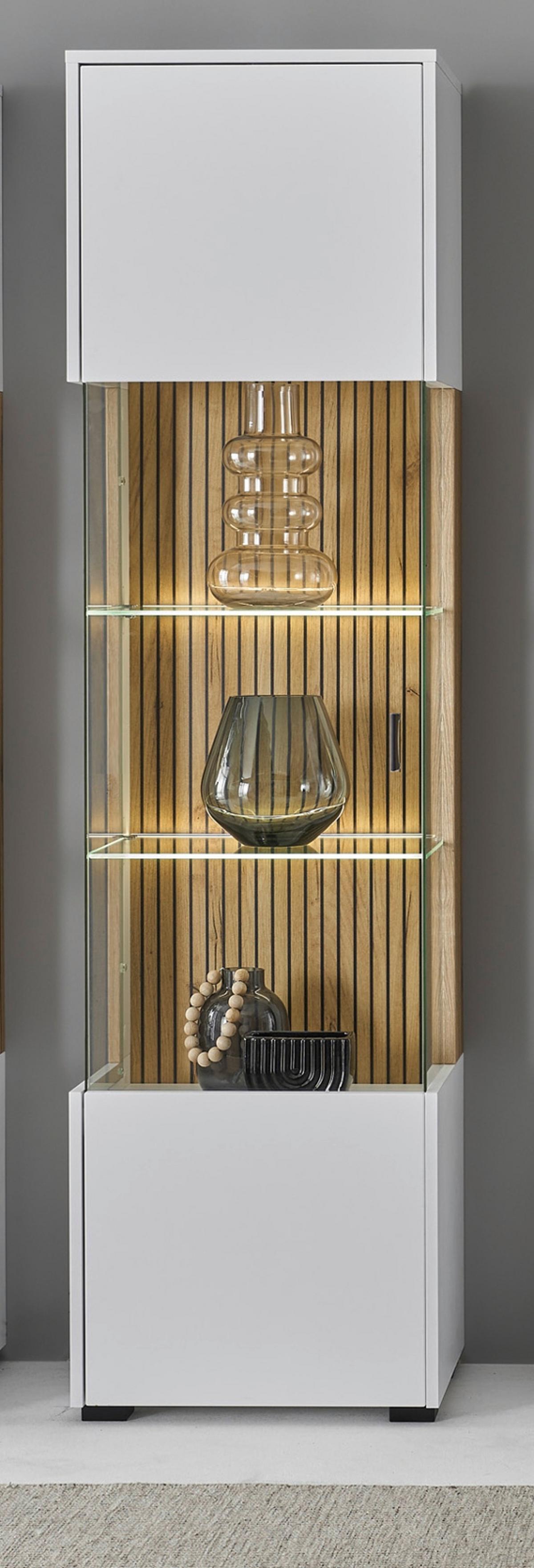 VITRINE weiß matt, Eiche 48 x 180 cm, Glasvitrine mit 5 Fächern und Soft-Close - Eichefarben/Schwarz, Glas/Holzwerkstoff (48/180/38cm) - Furn.Design
