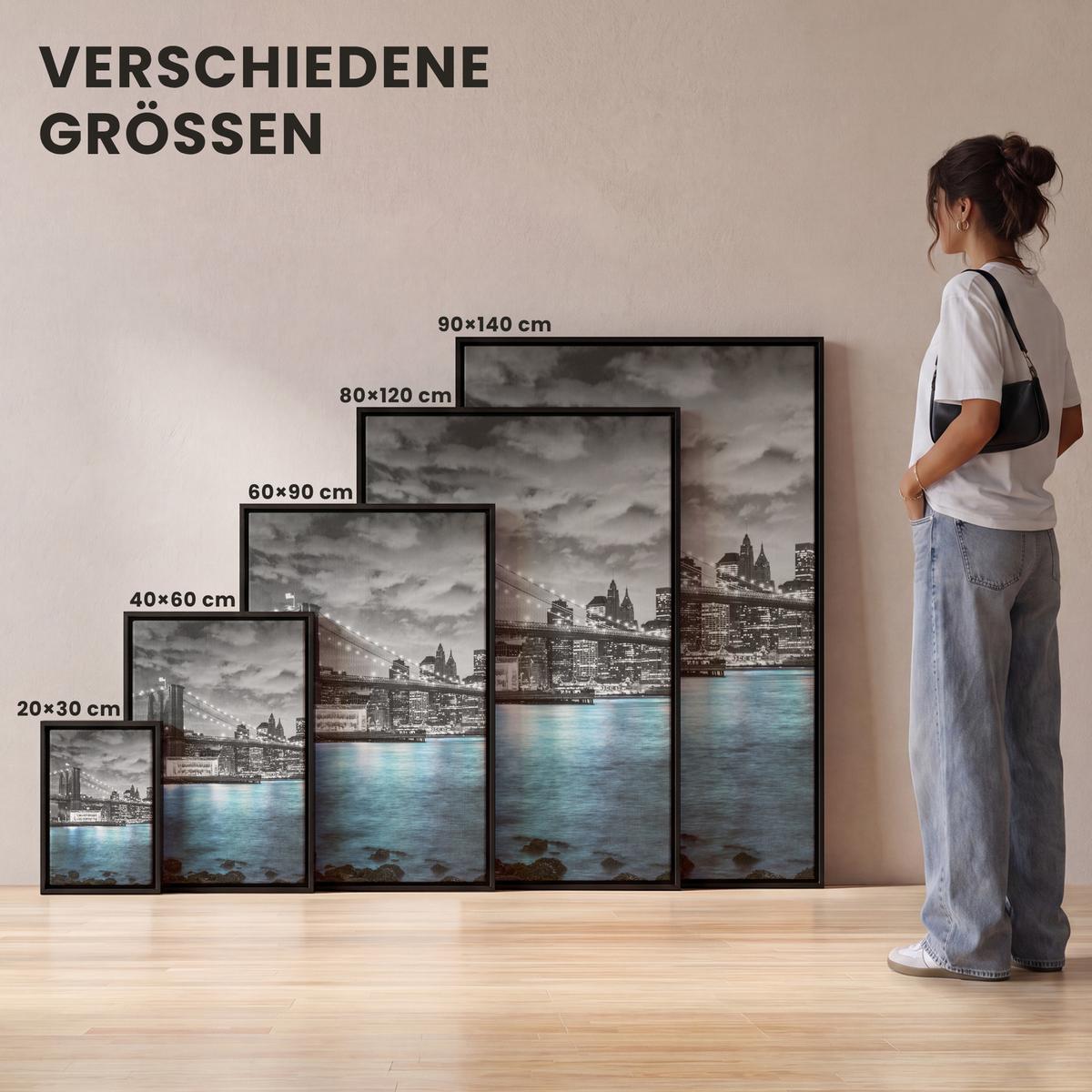 LEINWAND Bilder mit Rahmen - New York - Skyline - Stadt - Blau - 100x150 - Blaugrau, Textil (100/150cm) - MuchoWow