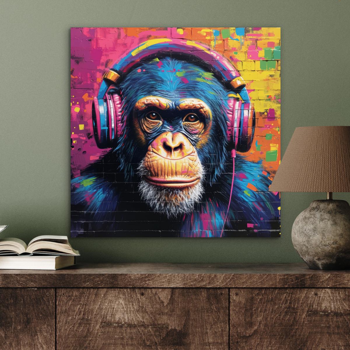 METALLBILD Graffiti - Schimpanse - Straßenkunst - Kopfhörer - Affe 50x50 cm - Blau, Metall (50/50cm) - MuchoWow