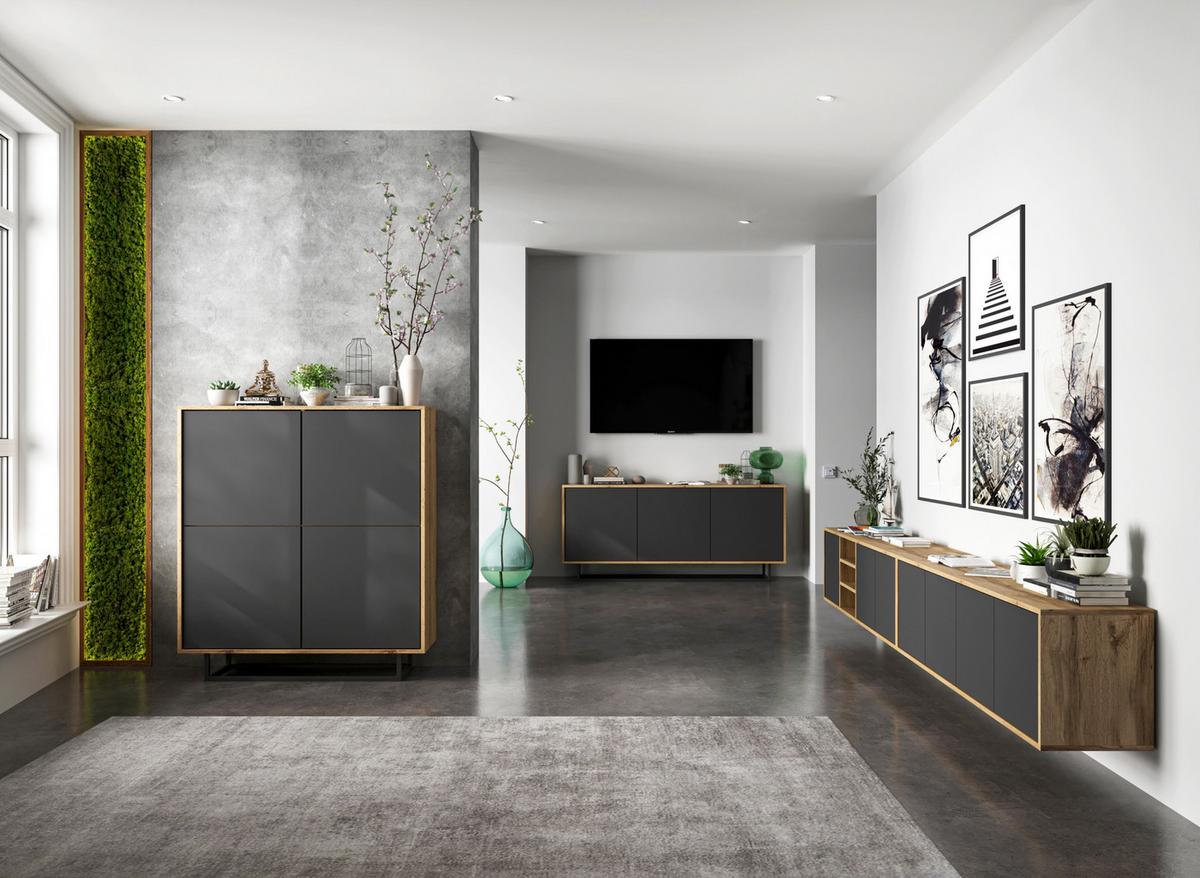 TV-LOWBOARD Apollo Eiche wotan Graphit matt 150 cm - Graphitfarben, Holzwerkstoff (150/39/35cm) - Meble Lindner