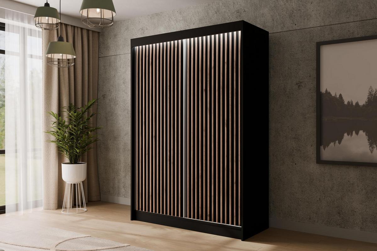 KLEIDERSCHRANK mit LED, Lamel-Schiebetüren VILANv2 - 120 cm Schwarz + Lamelle Eiche Wotan - Eiche Wotan/Schwarz, Holzwerkstoff (120/215/61cm) - ALTDECOR