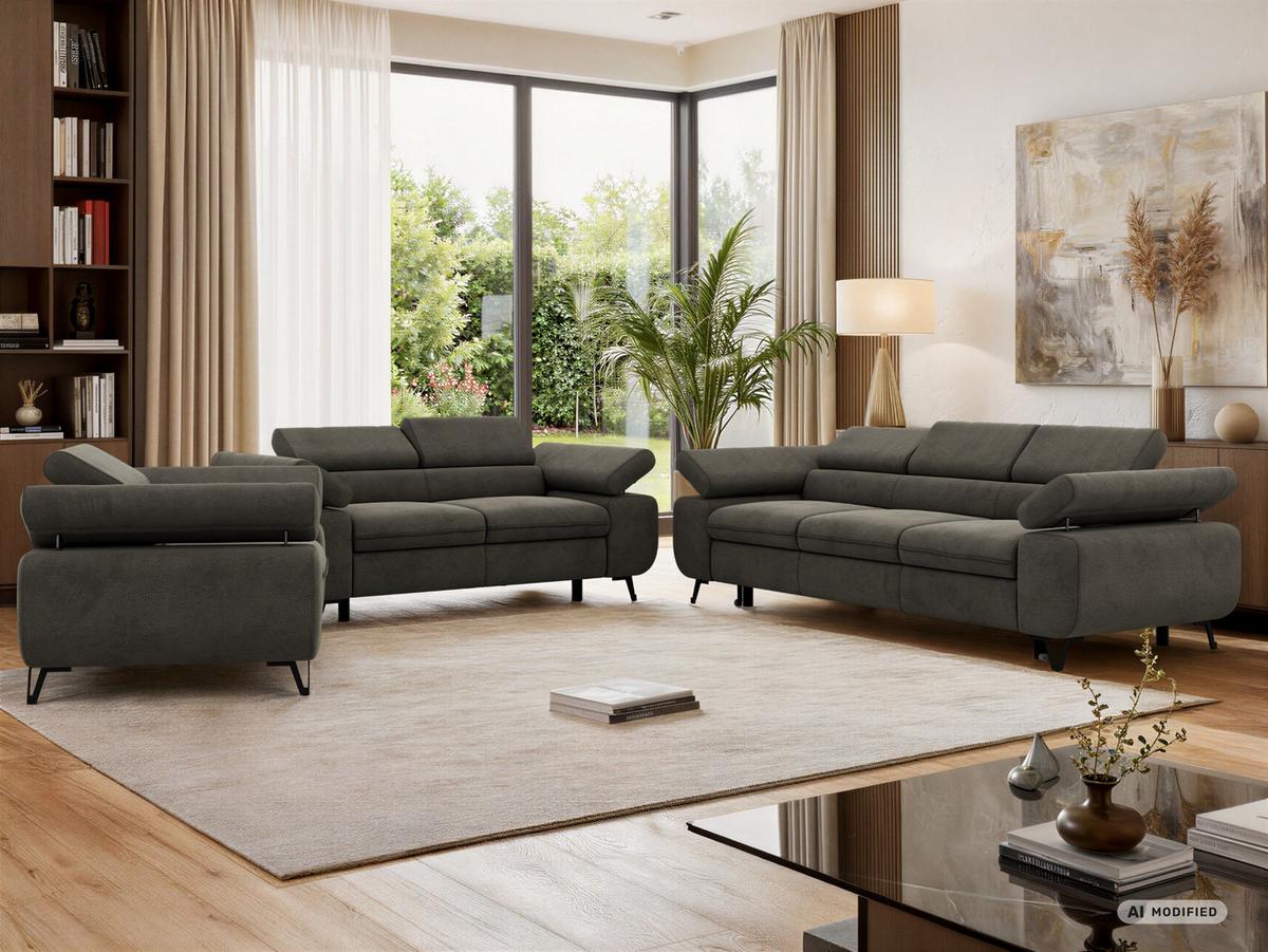 SITZGARNITUR PETER 1+2+3 mit Schlaffunktion - Dunkelgrau Velvet - Dunkelgrau/Schwarz, Textil/Metall (262/76/99cm) - MKS