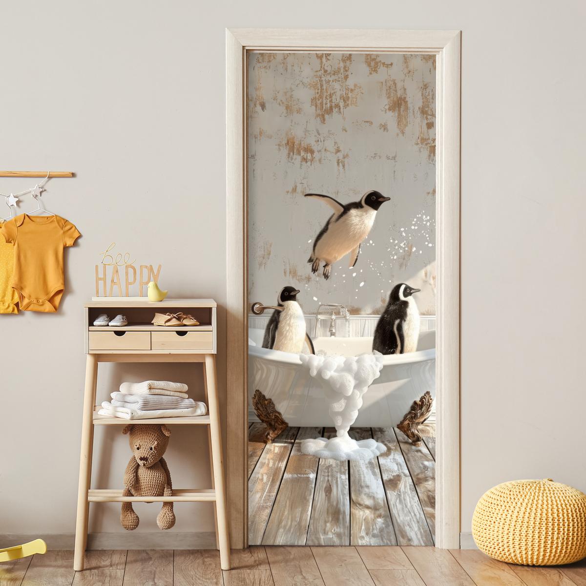 TÜRAUFKLEBER Vintage - Pinguin - Badewanne - Schaumstoff 90x235 cm - Türtapete - Hellbraun, Kunststoff (90/0.1cm) - MuchoWow