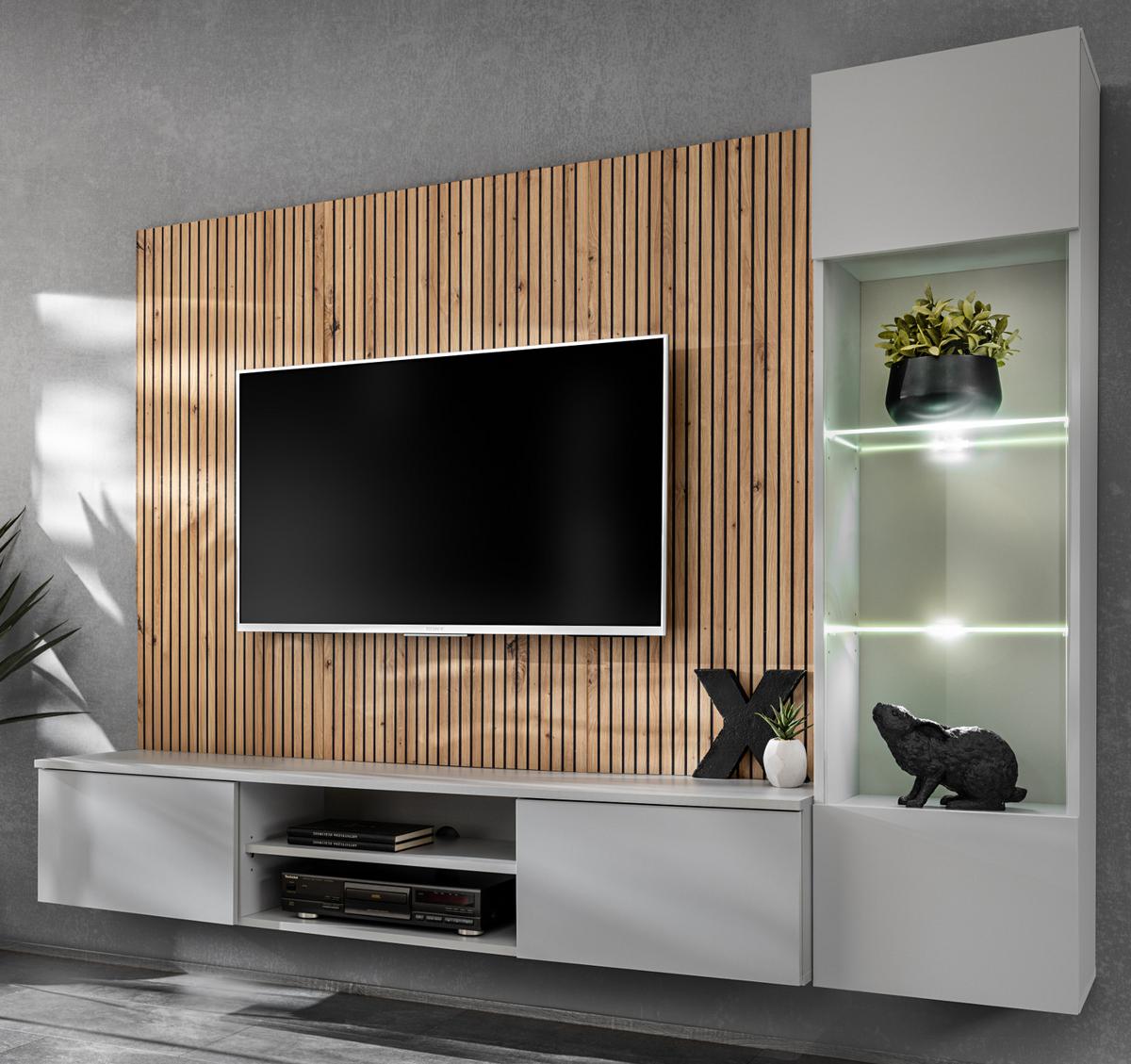 WOHNWAND hellgrau, Eiche Artisan 200 cm, Schrankwand inklusive Beleuchtung und Push-to-Open - Hellgrau/Eiche Artisan, Glas/Holzwerkstoff (200/148/35cm) - Inn.Furn