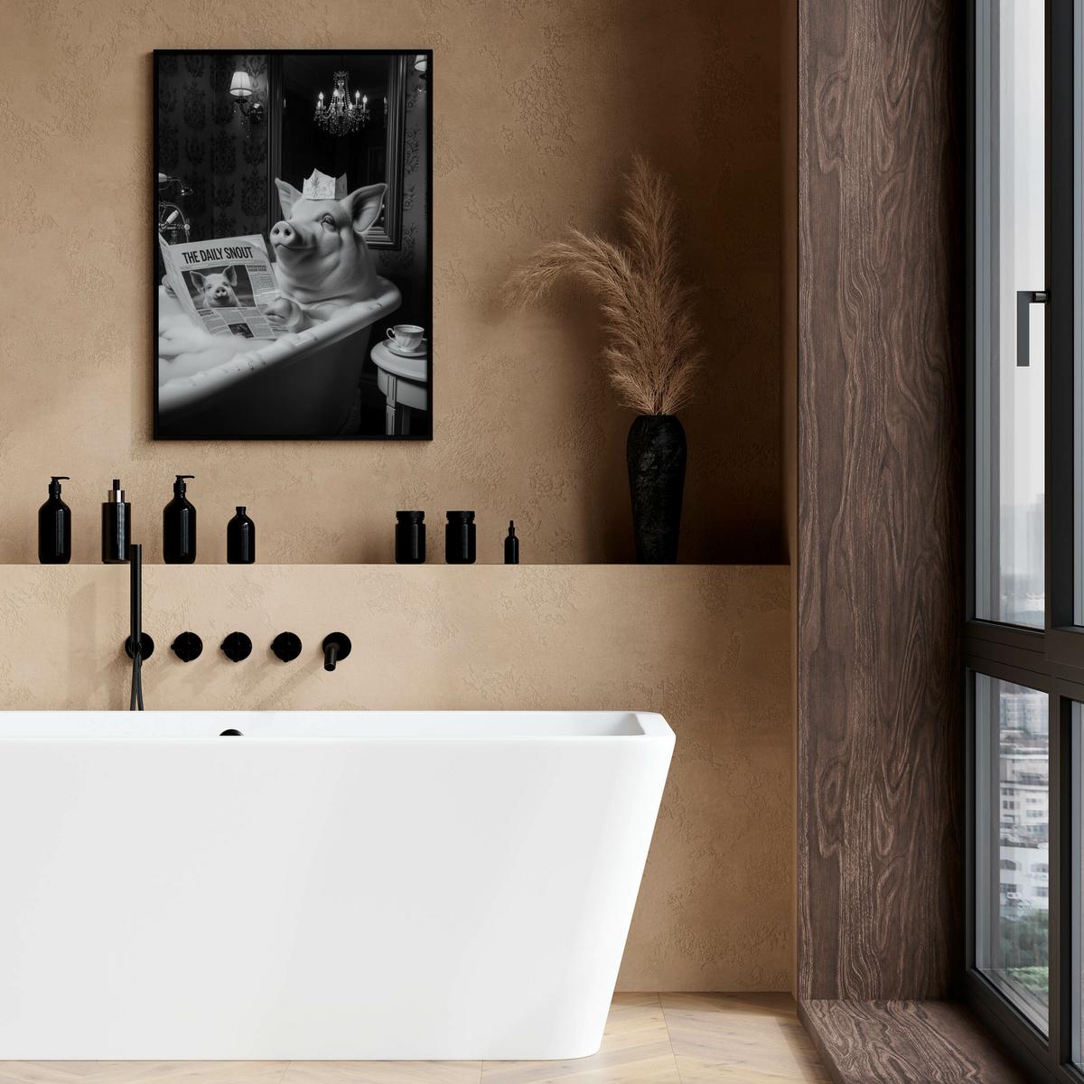 POSTER für Badezimmer WC SCHWEIN in Badewanne Zeitung Abstraktion 50x70cm - Schwarz/Weiß, Papier (50/70/1cm) - Muralo