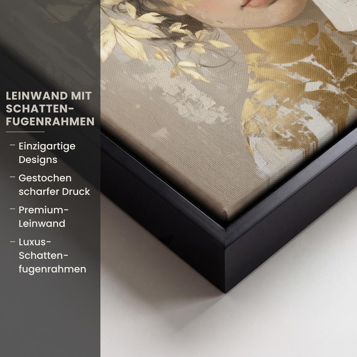 LEINWAND Bilder mit Rahmen - Gesicht - Frau - Blätter - Gold - 20x20 - Beige, Textil (20/20cm) - MuchoWow