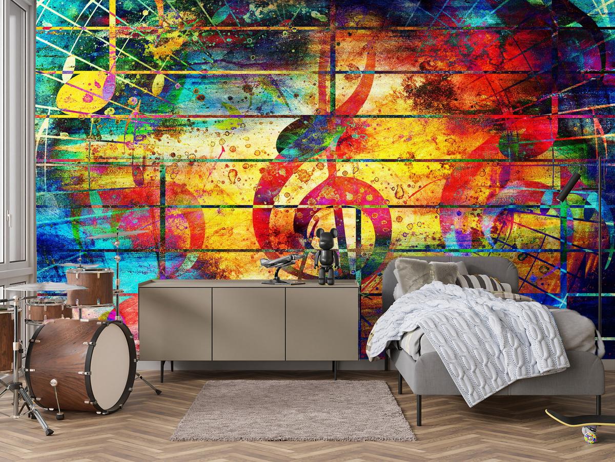 FOTOTAPETE für Jugendzimmer Bunte Abstrakte MUSIC Graffiti NOTEN 300x210 - Türkis/Gelb, Papier (300/210cm) - Muralo