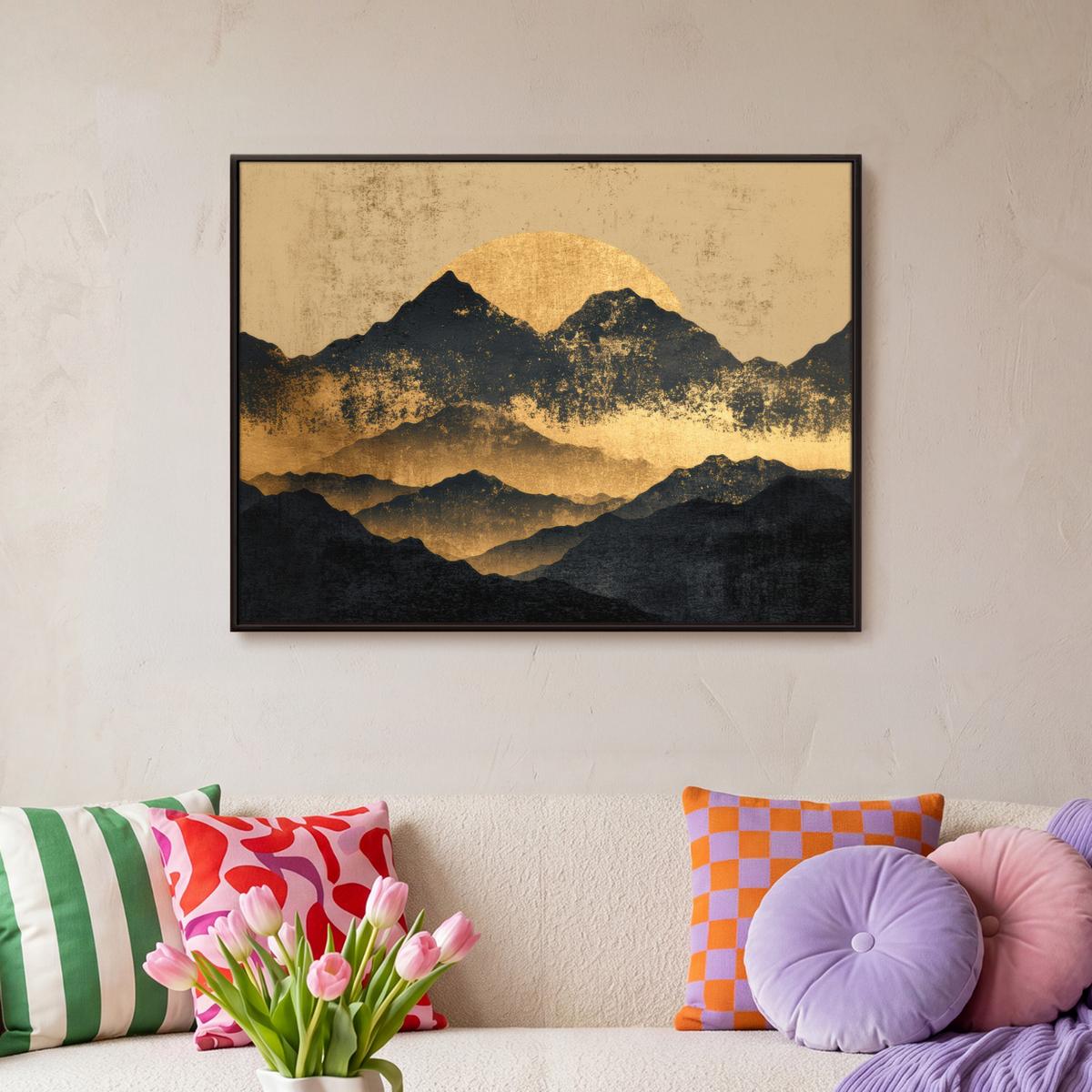 LEINWAND Bilder mit Rahmen - Goldene Berge bei Mondschein - 80x60 - Goldfarben, Textil (80/60cm) - MuchoWow
