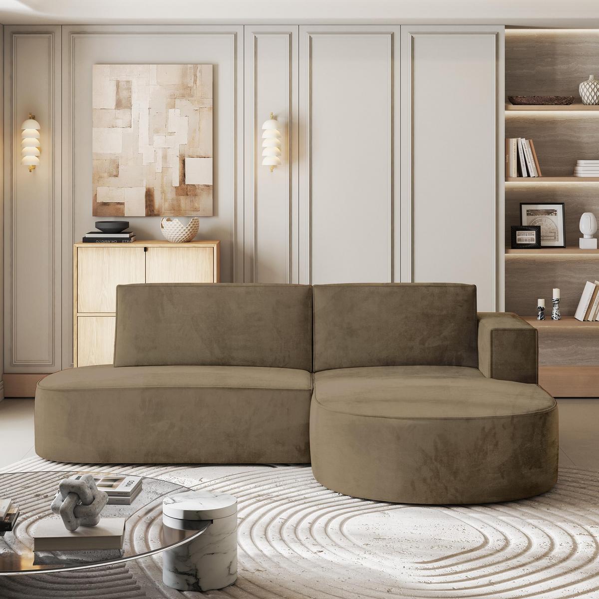 ECKSOFA CORTIO M R-S Beige Velours-Stoff mit Schlaffunktion - Beige/Grau, Holz/Kunststoff (265/174cm) - MASSENO