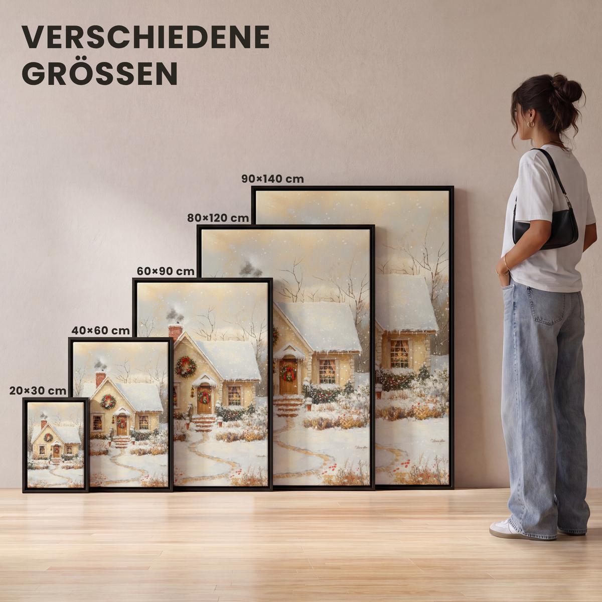 LEINWAND Bilder mit Rahmen - Weihnachten - Zuhause - Winter - Schnee - 20x30 - Creme, Textil (20/30cm) - MuchoWow