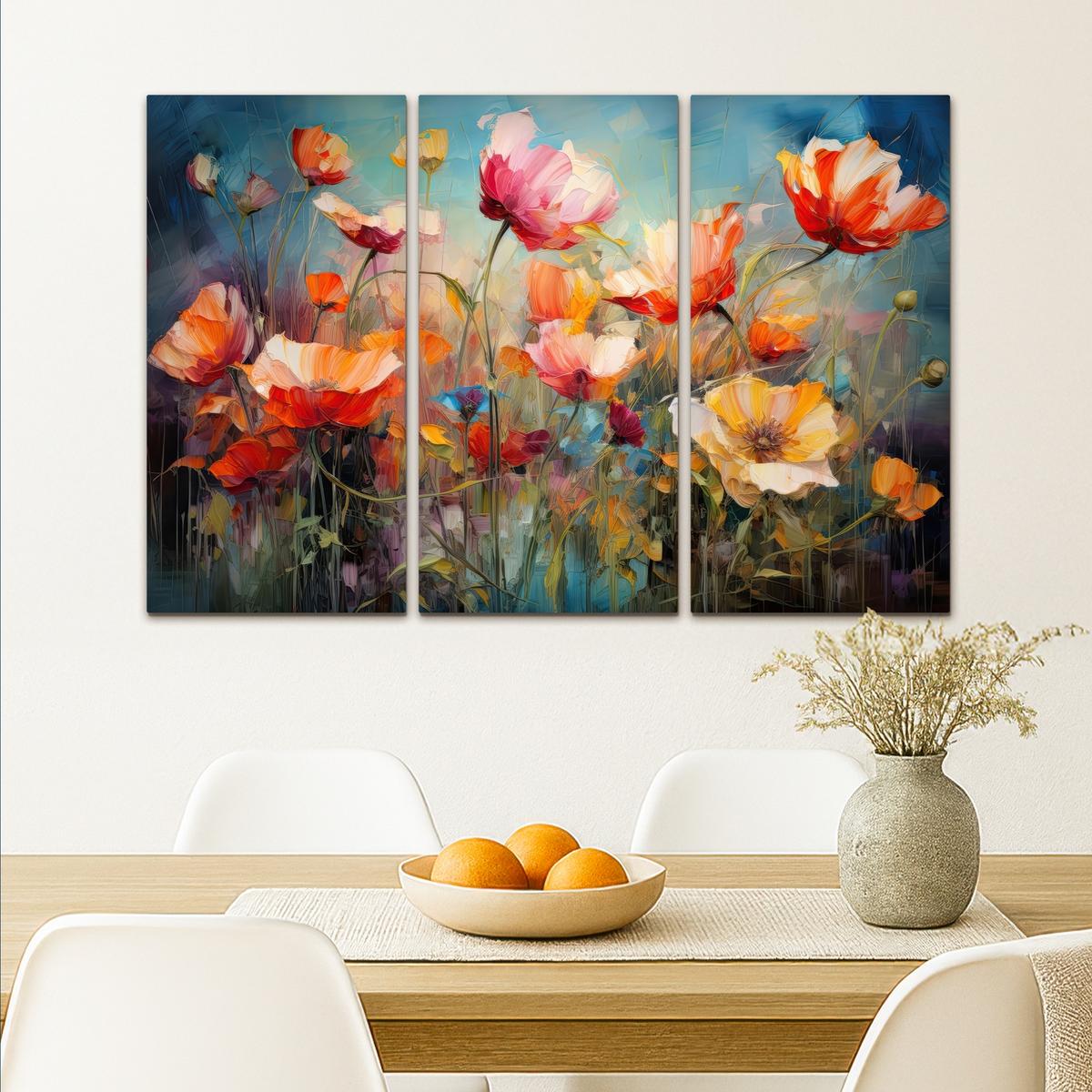 LEINWANDBILD 3er Set Blumen - Bunt - Abstrakt 90x60 cm - Blaugrau, Textil (90/60cm) - MuchoWow