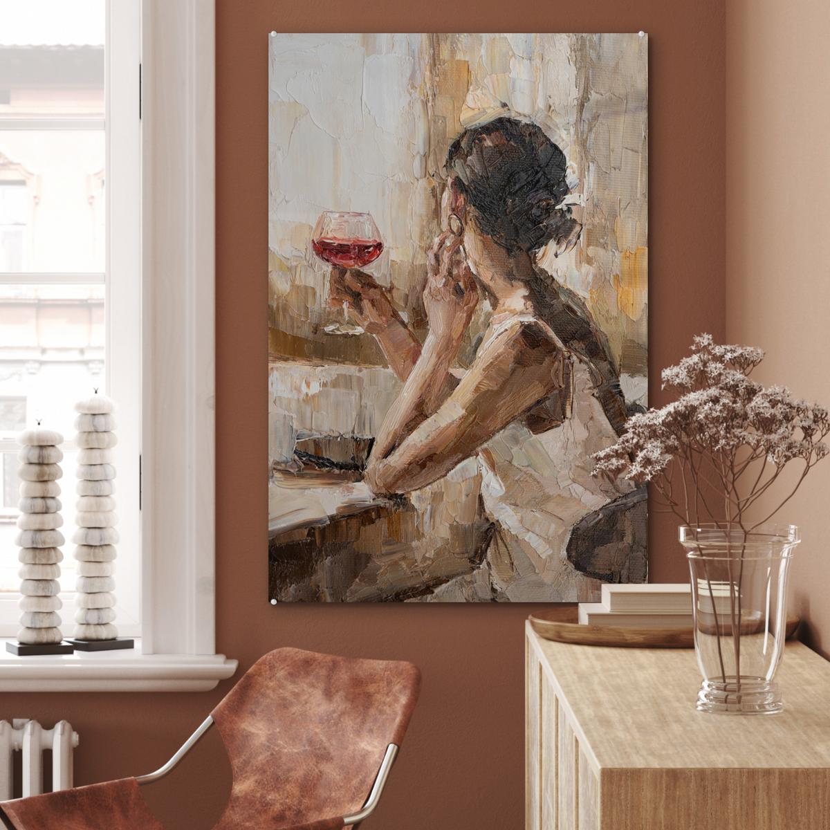 ACRYLGLASBILD Ölgemälde - Frau - Wein 80x120 cm - Hellbraun, Glas (80/120cm) - MuchoWow