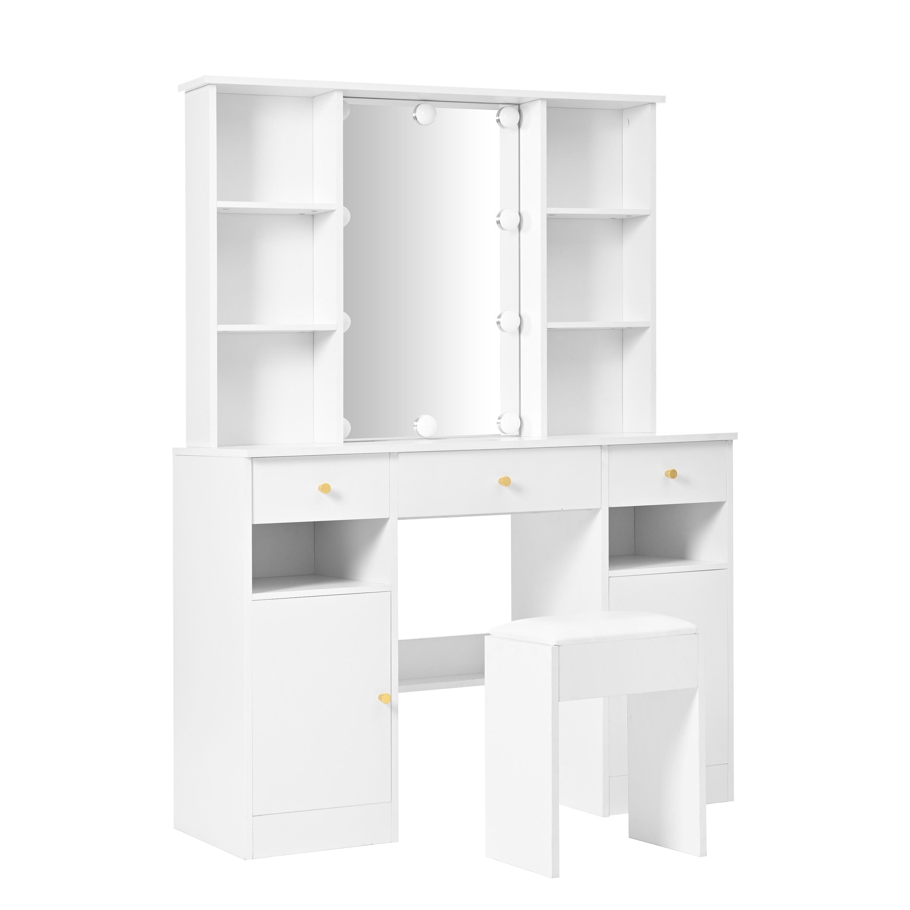 SCHMINKTISCH in Weiß mit Hollywood-LED & Spiegel - Weiß, Holzwerkstoff (110/151/40cm) - Urban Meuble