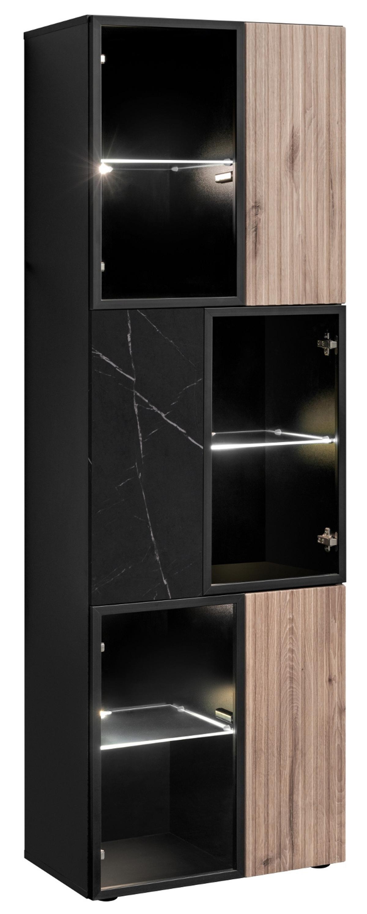 WOHNWAND Eiche, Marmor schwarz 300 cm, Anbauwand inklusive LED-Beleuchtung - Eichefarben/Schwarz, Glas/Holzwerkstoff (300/182/45cm) - Inn.Furn