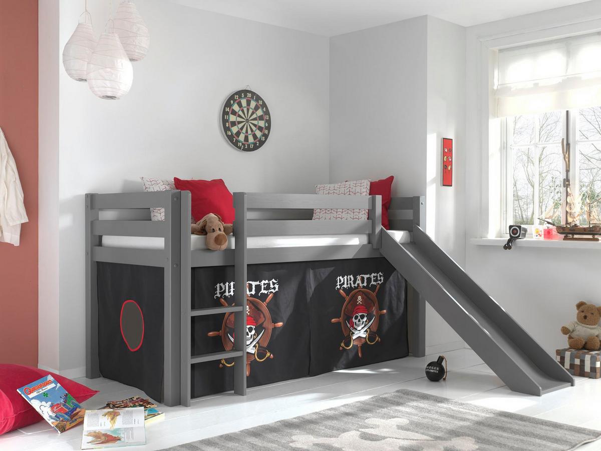 HOCHBETT mit Rutsche Karolina Massivholz Grau Textilset Pirate - Schwarz/Grau, Holz (90/200cm) - 58aufmkessel
