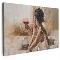 LEINWANDBILD Ölgemälde - Frau - Wein XXL 150x100 cm - Hellbraun, Textil (150/100cm) - MuchoWow