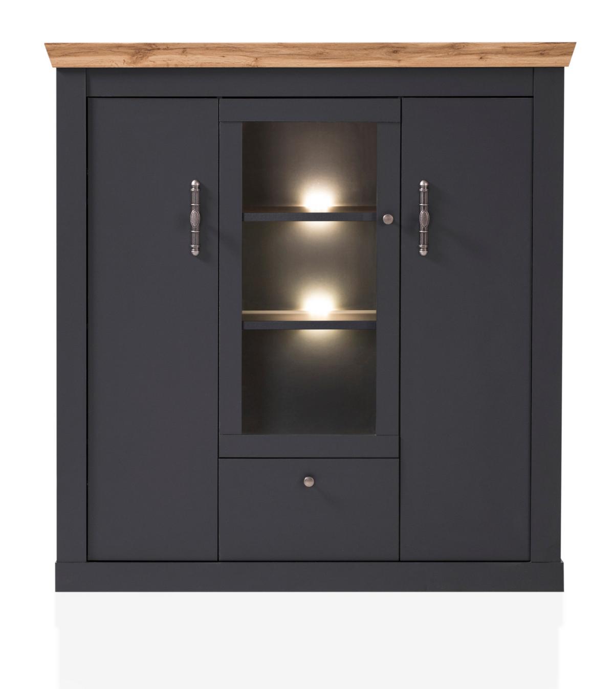HIGHBOARD grau, Eiche Wotan, Landhaus 141 cm, Vitrine mit Soft-Close - Silberfarben/Eiche Wotan, Glas/Holzwerkstoff (141/146/45cm) - Furn.Design