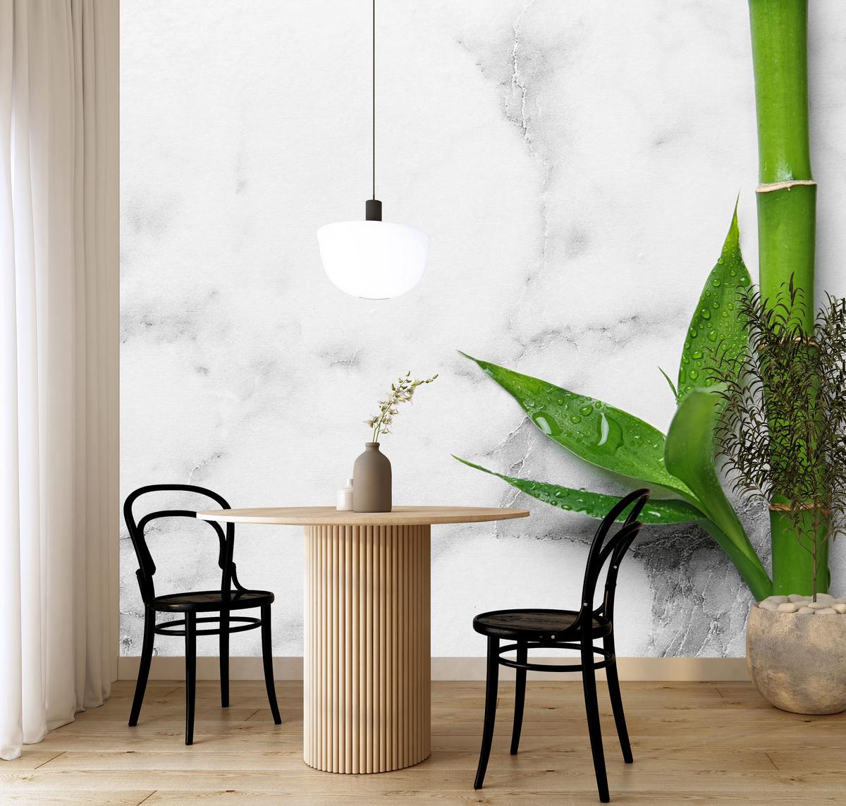 FOTOTAPETE für Küche Bambusblätter Grauer Marmor Exotisch Elegant 300x210 - Weiß/Grau, Papier (300/210cm) - Muralo