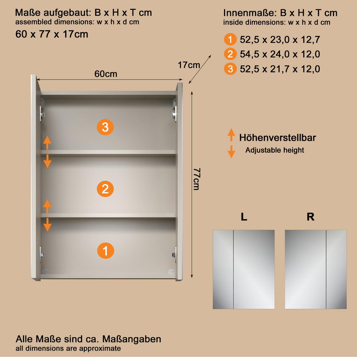 SPIEGELSCHRANK Kaschmir 60 x 77 cm, Badschrank 2-türig - Kaschmir/Silberfarben, Glas/Holzwerkstoff (60/77/17cm) - Top.Furn