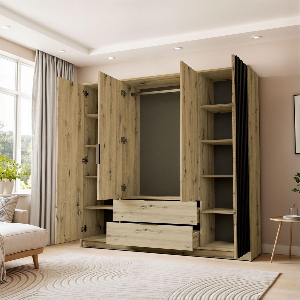 KLEIDERSCHRANK NELA, viertürig mit Lamellen und Spiegel, 206 cm, Artisan/Schwarz - Eiche Artisan, Holzwerkstoff (206/200/51cm) - Lookway
