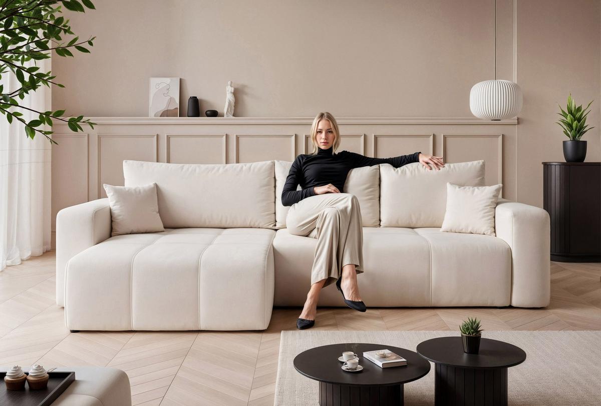 ECKSOFA XL Velours mit Bettkasten und Schlaffunktion - Creme, Holzwerkstoff/Textil (278/145cm) - Idohome