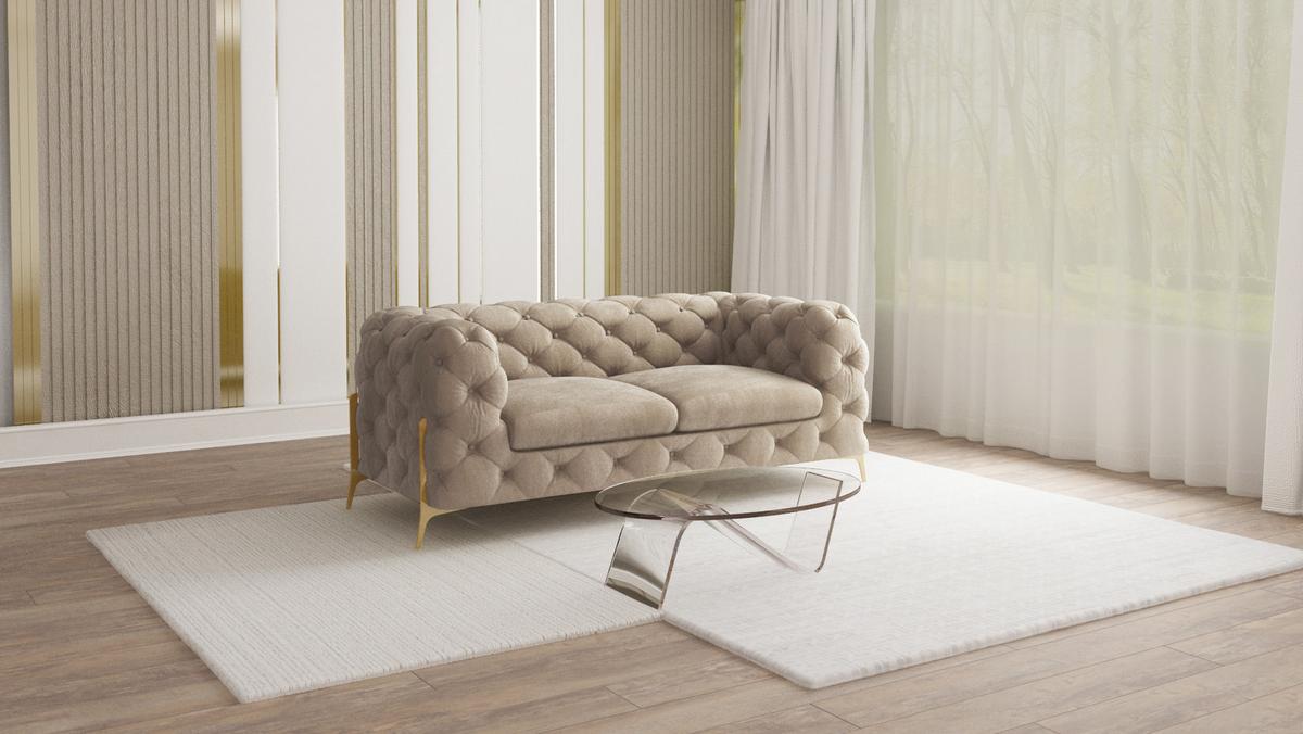 CHESTERFIELD-SOFA 2-Sitzer Lexi Dunkle Creme Samt - Goldfarben/Creme, Holz/Textil (185/75/100cm) - S-Style Möbel