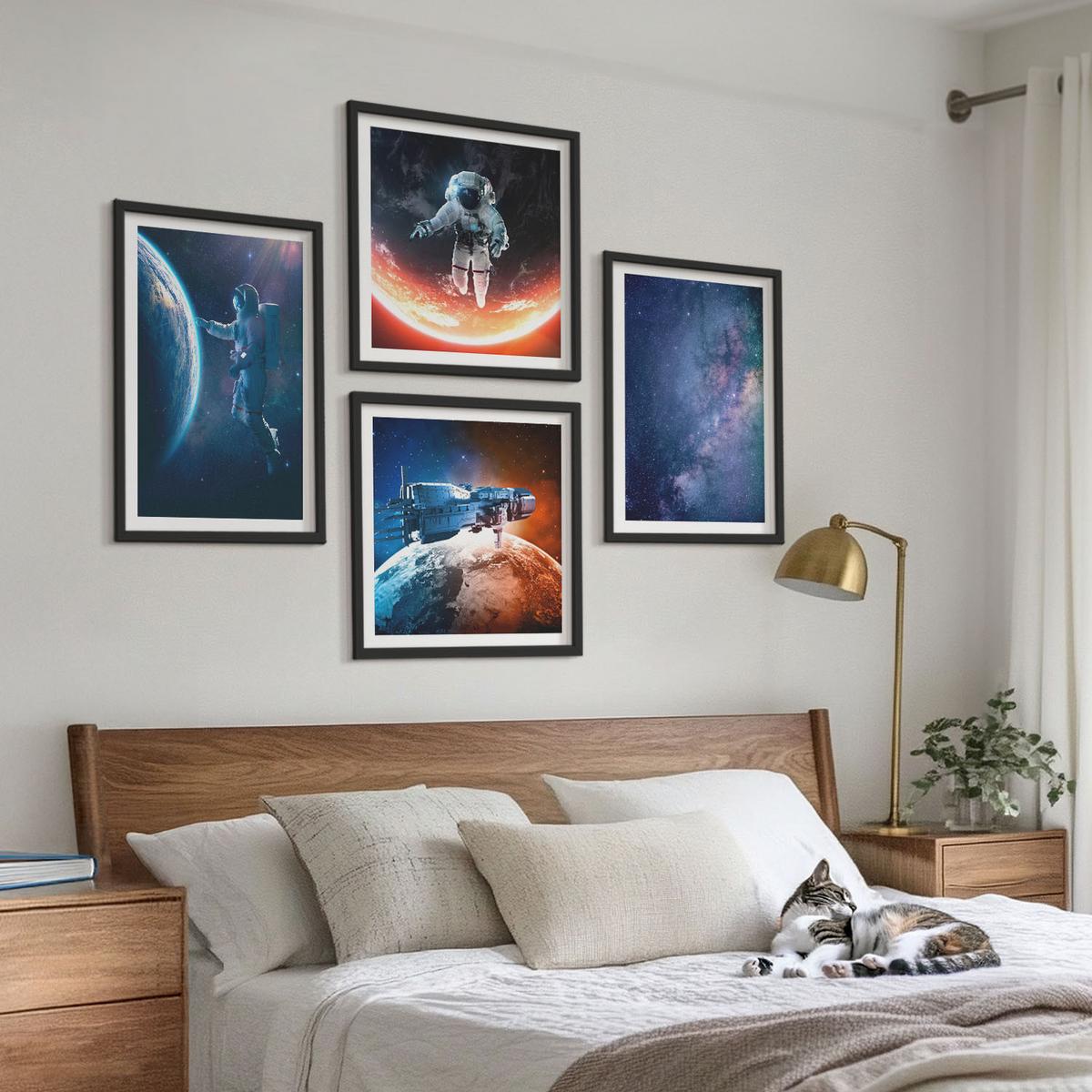 BILDER SET 4er Set - 50x50 cm & 40x60 cm Schwarzer Rahmen - Weltraum-Astronauten-Sterne - Schwarz, Kunststoff (50/50cm) - TULUP