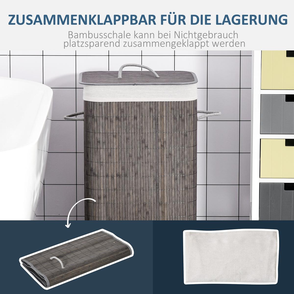 WÄSCHEKORB schmal mit Deckel 83L, Bambus, Grau - Grau, Naturmaterialien (32/61/43cm) - HOMCOM